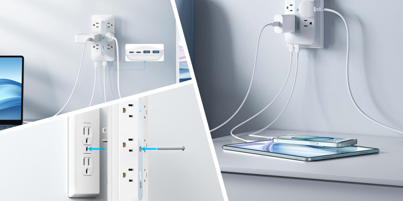 A collage of a white wall with a power outlet