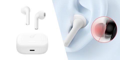 A close up of a white earbuds