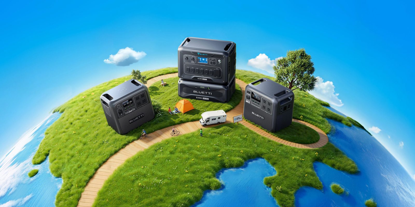 A group of black rectangular objects on a green hill