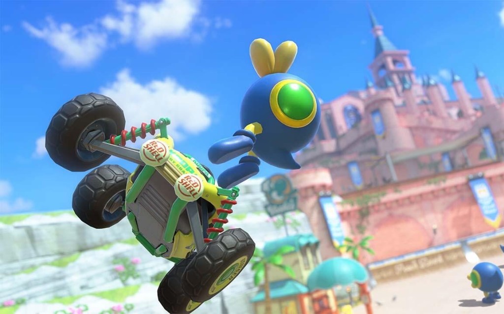 A cartoon character in the air