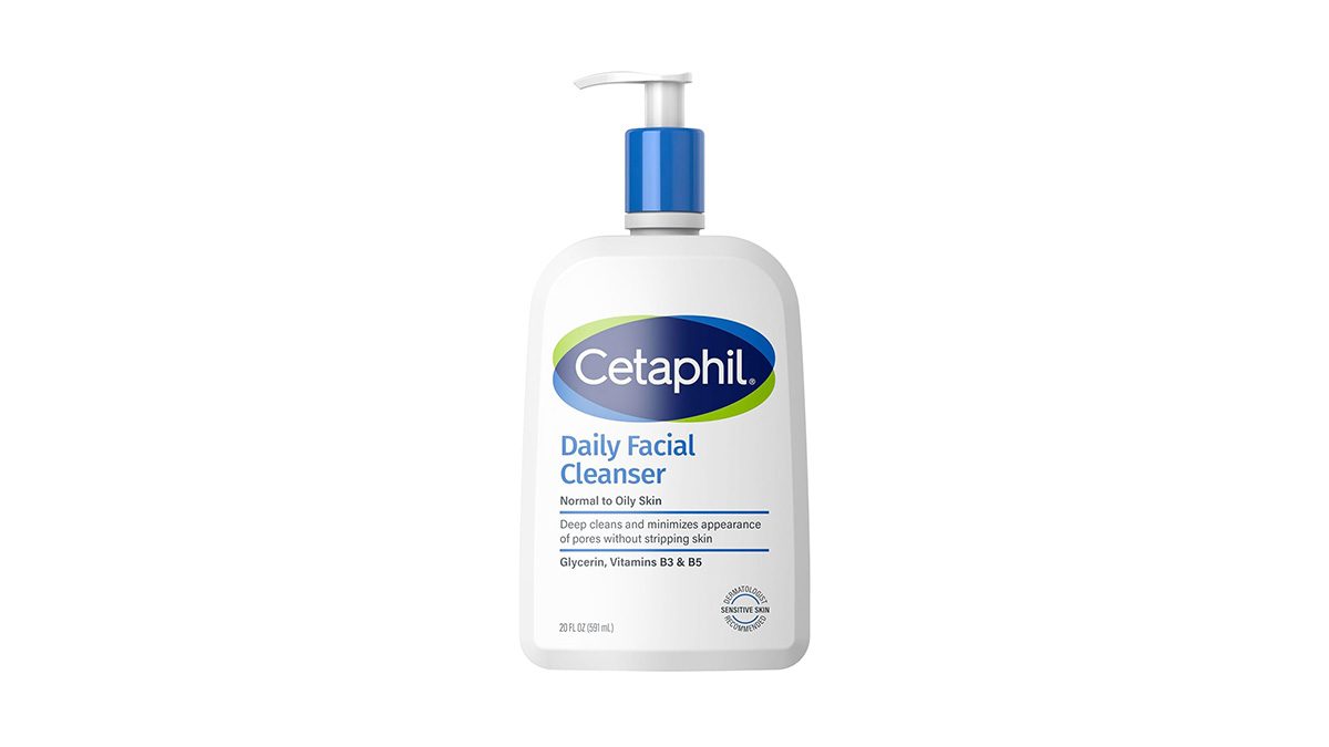 A white bottle with blue label