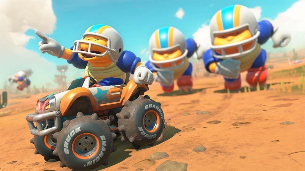 A group of cartoon characters on a quad bike