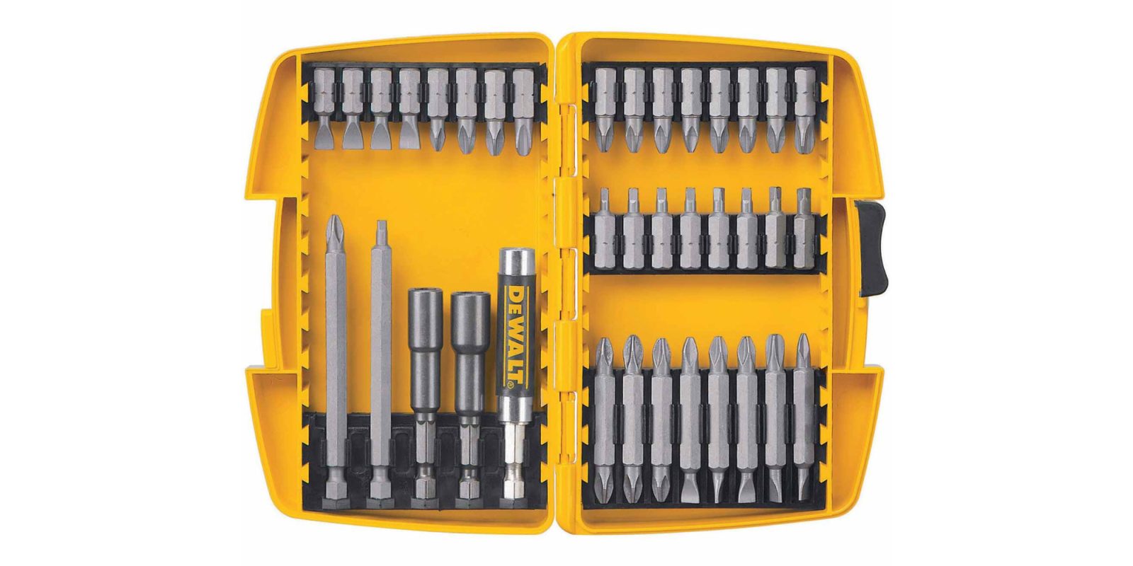 A yellow tool box with various bits