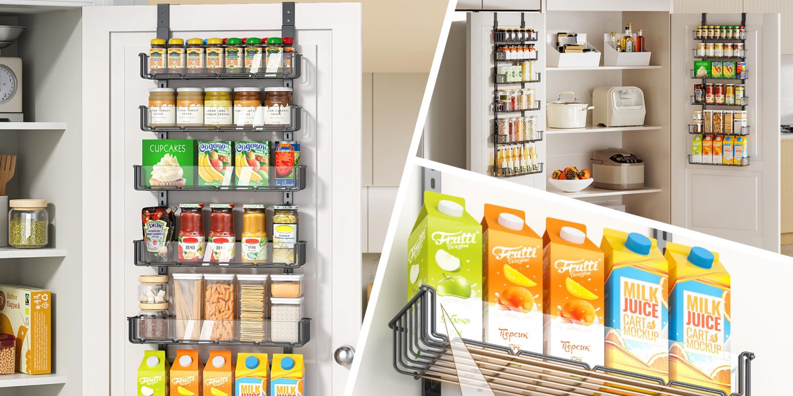 A collage of a kitchen with a door and shelves