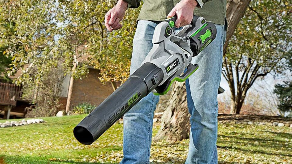 A person holding a large green and black blower