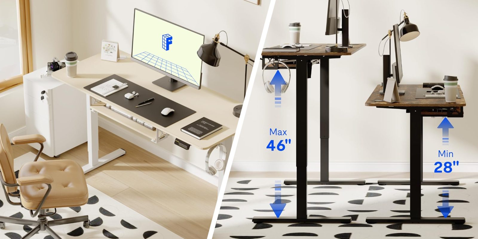 A collage of a desk with a computer and a table