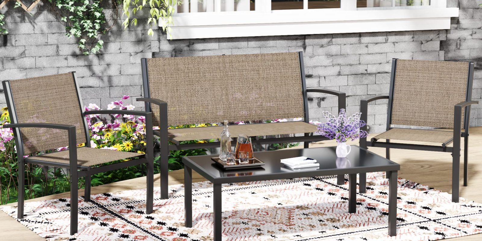 A chair and table on a patio