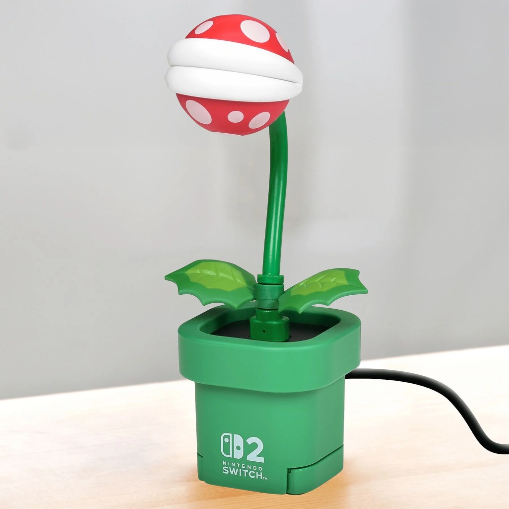A green plant with a red and white round object on a wooden surface