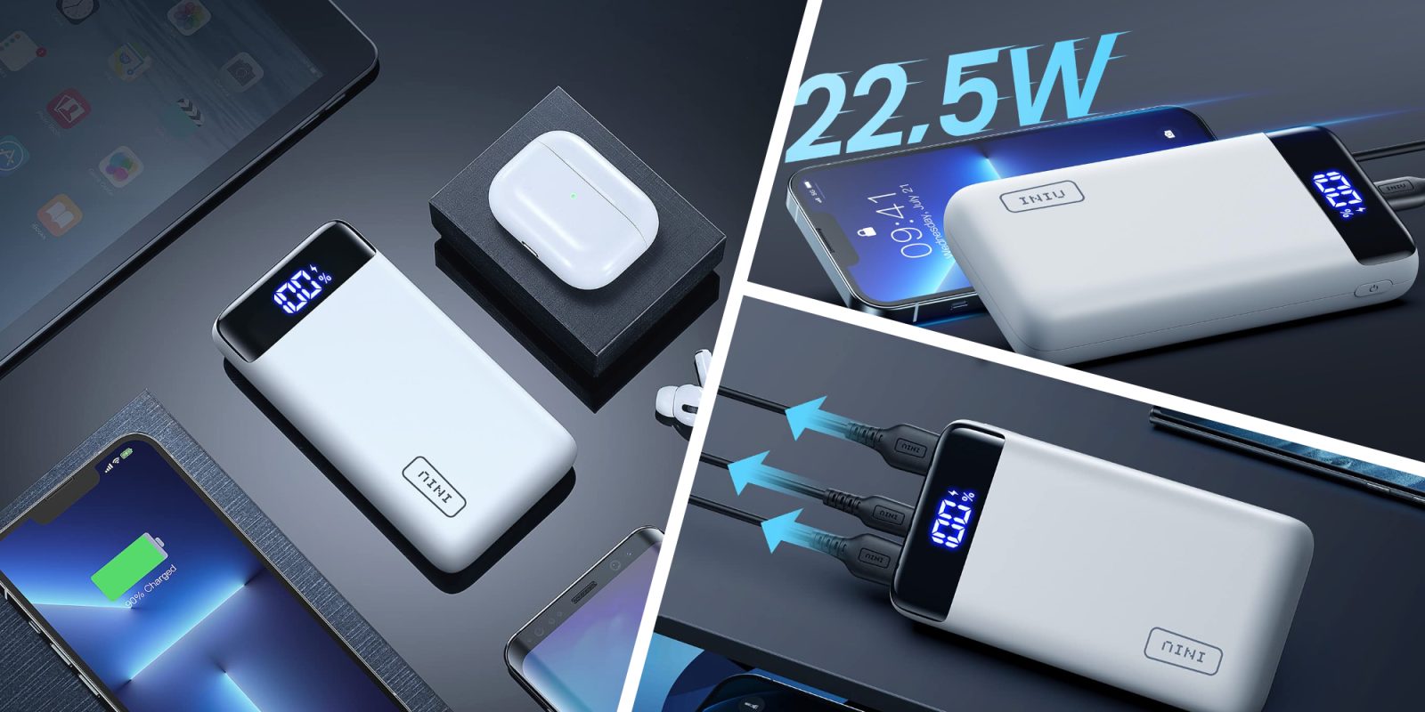 A collage of a cell phone and a charger