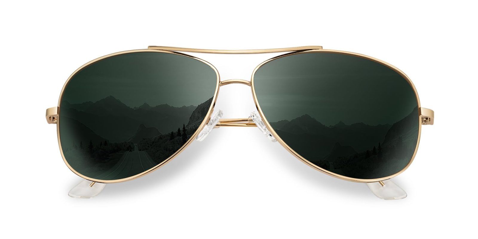 A pair of sunglasses with a mountain reflection