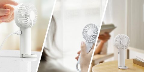A collage of a woman holding a fan