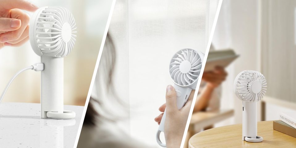 A collage of a woman holding a fan