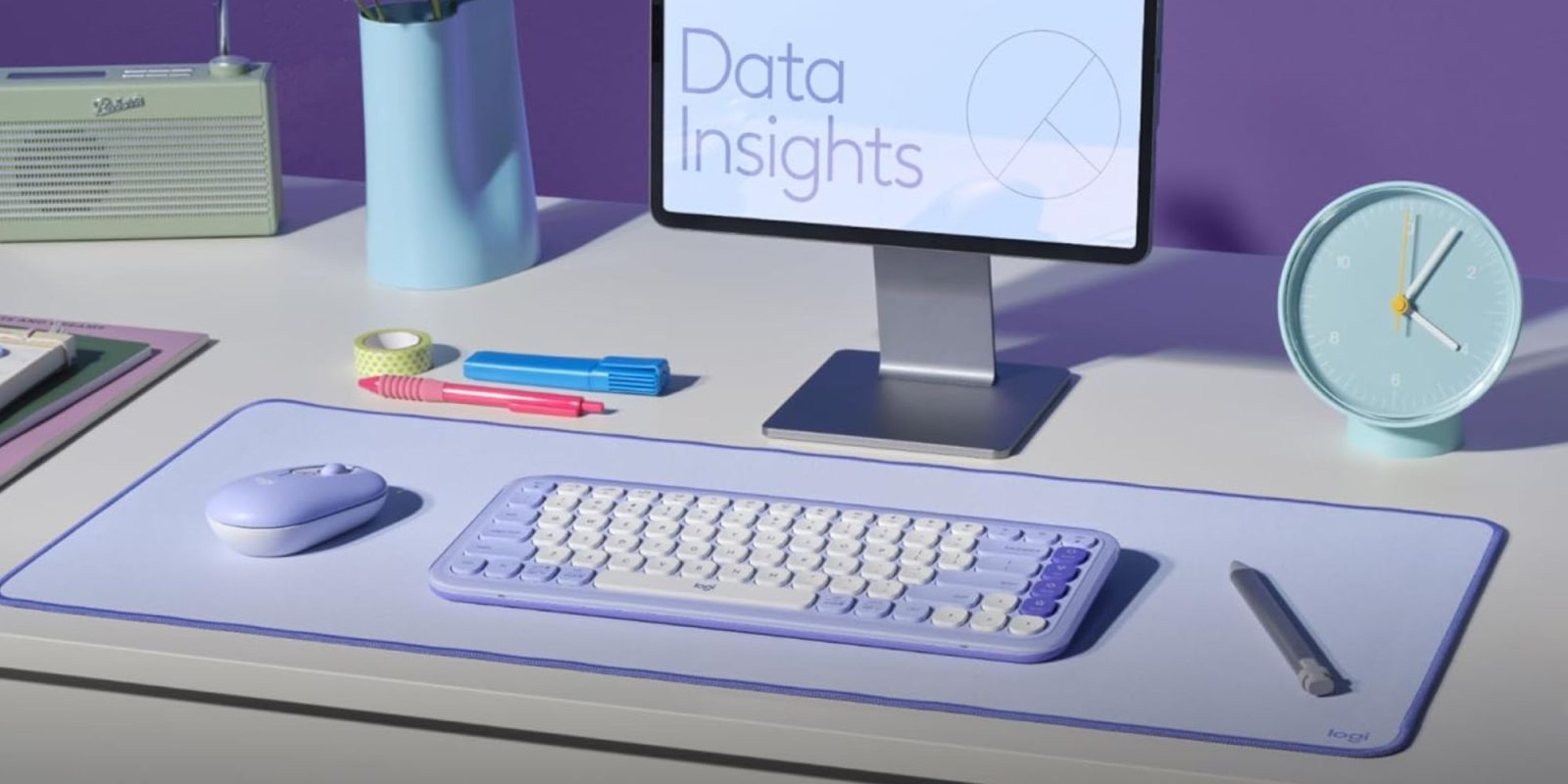 Image showing a render of Logitech's POP ICON mouse and keyboard in lilac color.