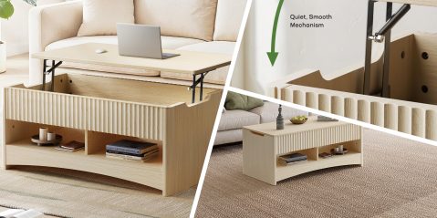 A coffee table with a laptop