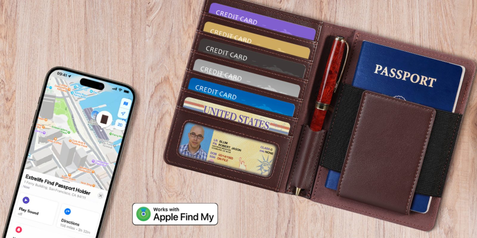 A wallet with credit cards and a pen