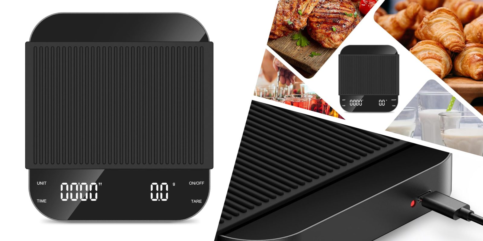 A black electronic scale with a digital display