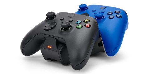 A blue and black video game controller