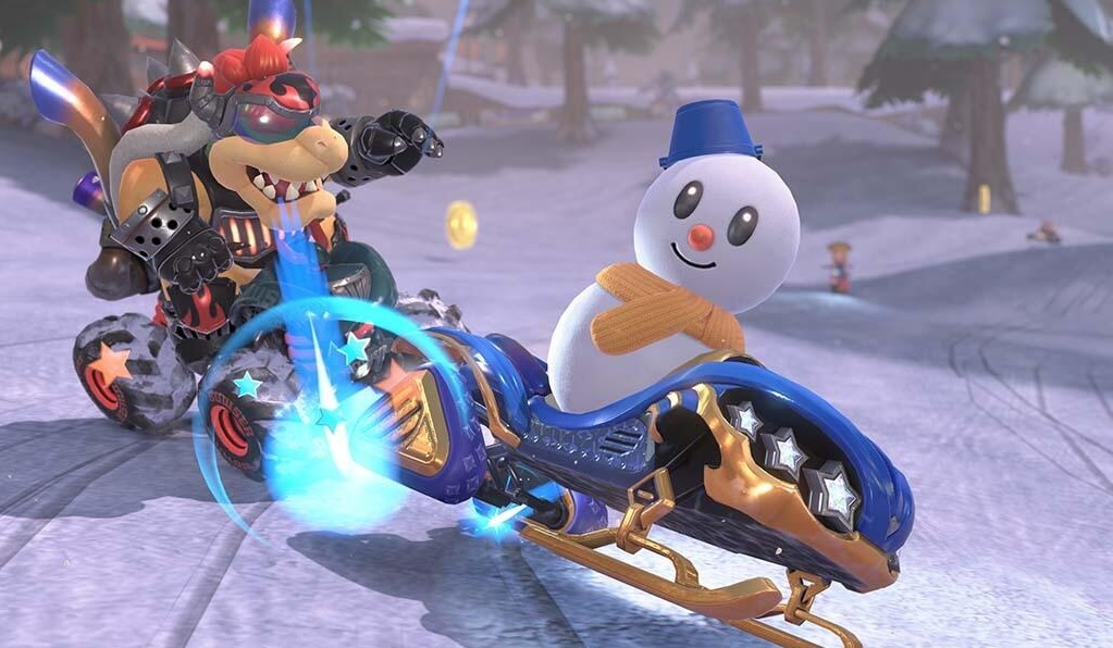A video game character on a snowmobile