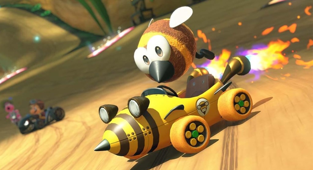 A cartoon character in a toy car