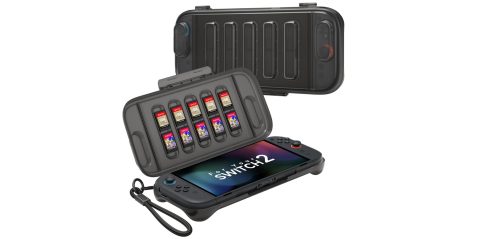 A black gaming device with a case