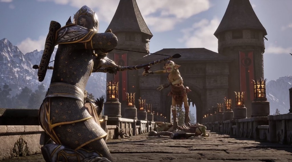 A video game scene of a man in armor holding a sword