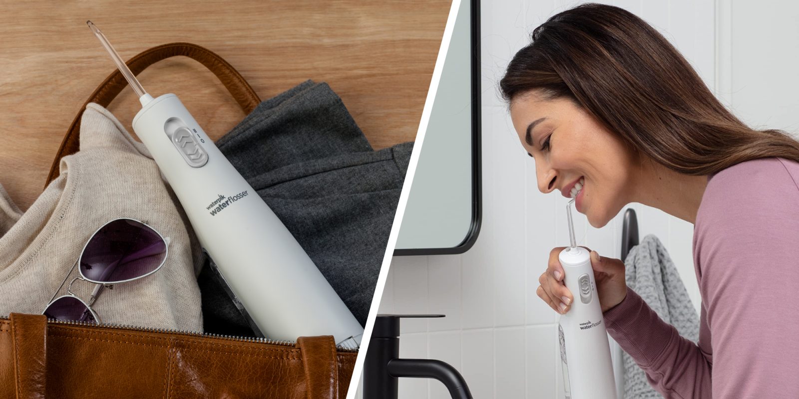 A collage of a woman using an electric toothbrush
