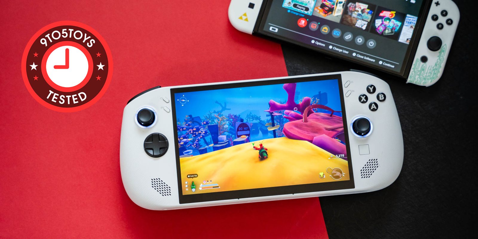 A white game controller with a cartoon character on the screen