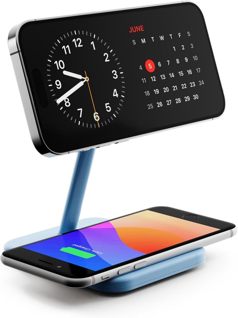 A phone and a clock on a stand
