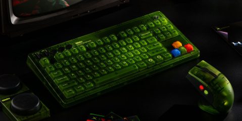 A green keyboard with colorful keys