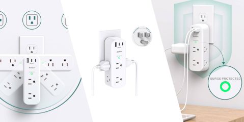 A white electrical outlet with cords