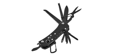 A black multi tool with many blades
