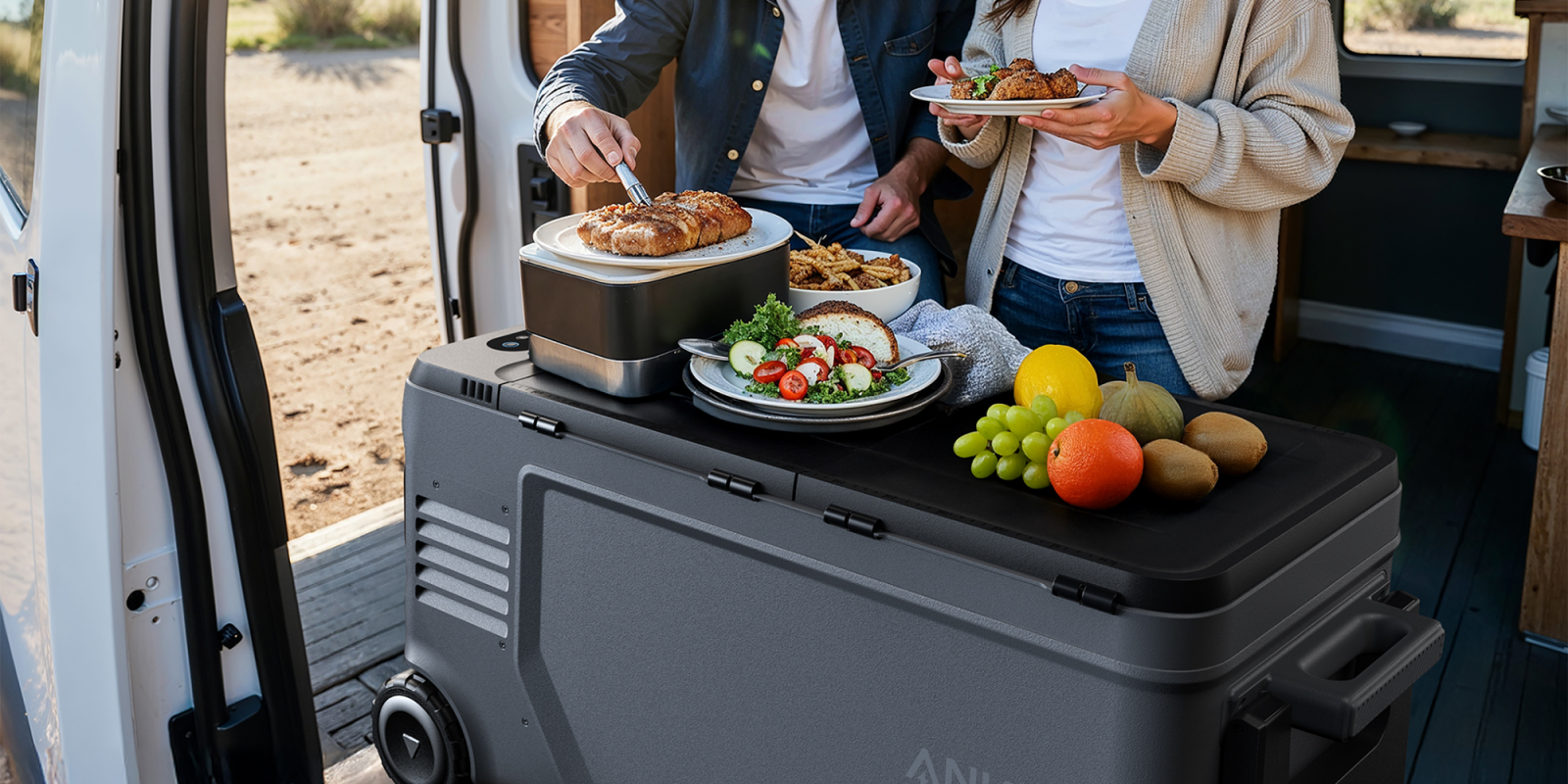 A man and woman standing next to food on a table