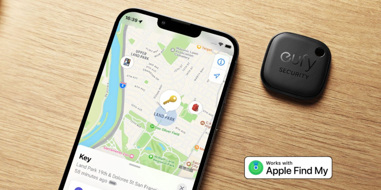 Image showing a render of Anker's SmartTrack Link next to an iPhone.