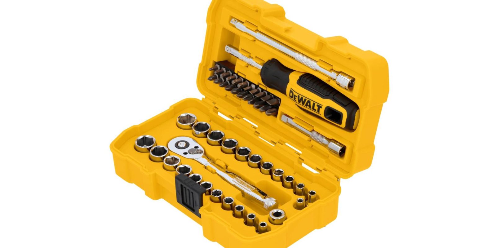 A yellow tool box with a set of tools