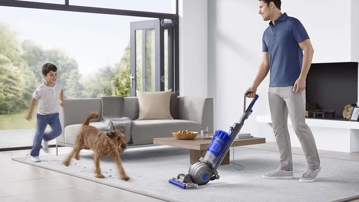 A man holding a vacuum cleaner with a dog in the background