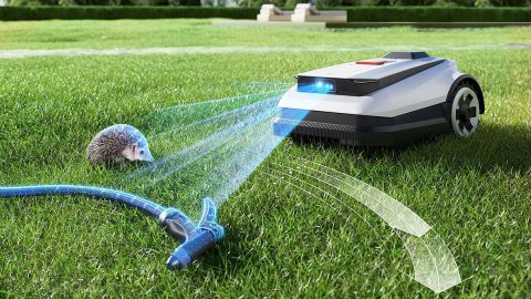 A hedgehog on grass with a vacuum cleaner