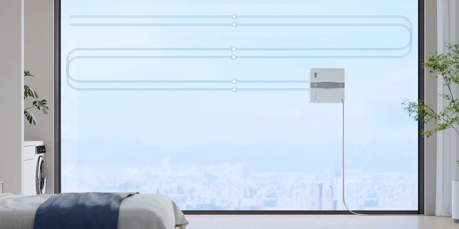 A person in a room with a bed and a window