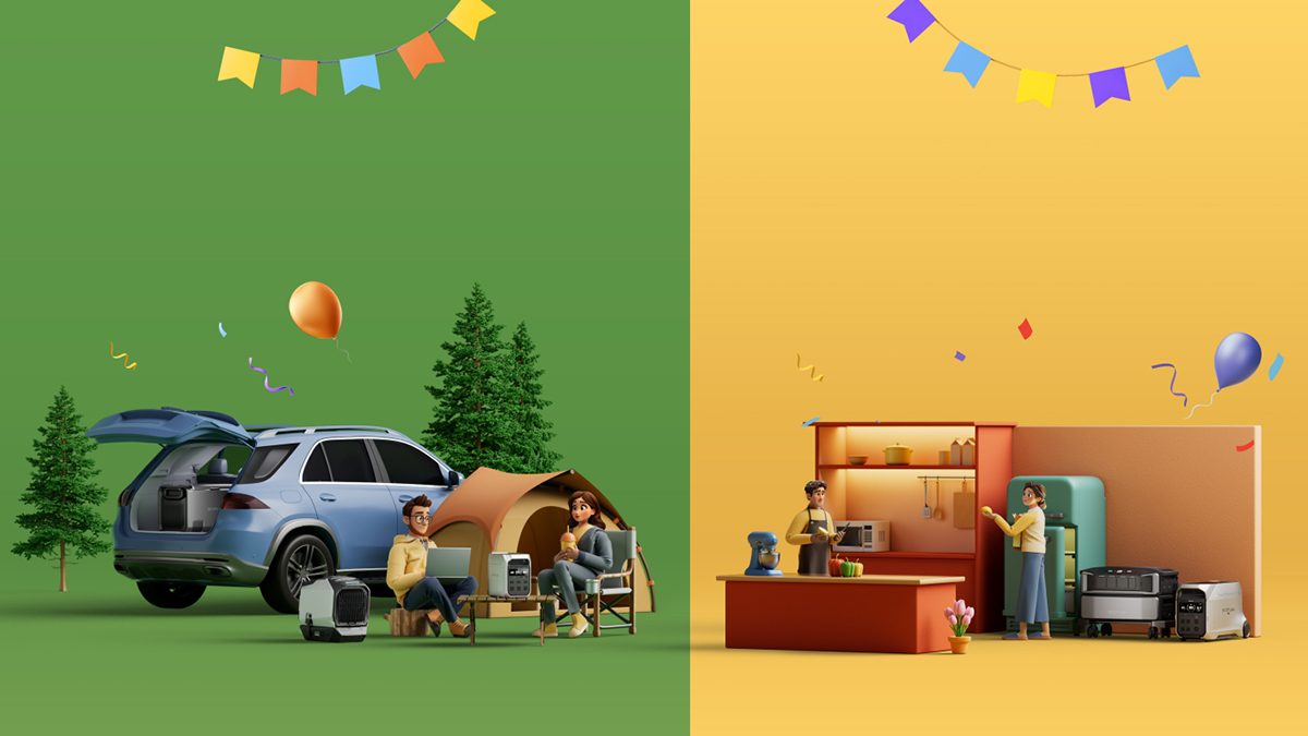 Cartoon characters in a camping area