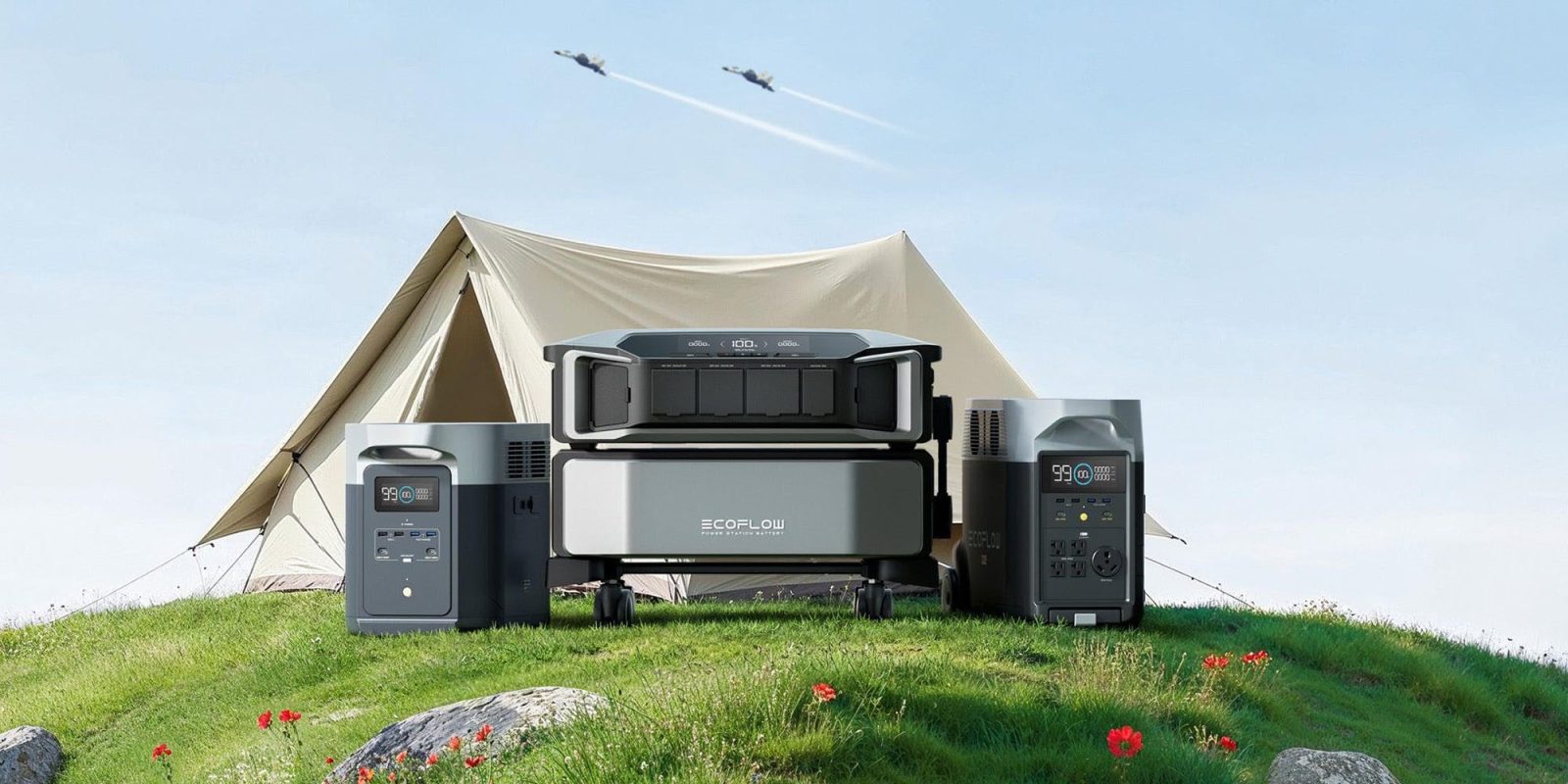 A group of electronic devices in a grassy area