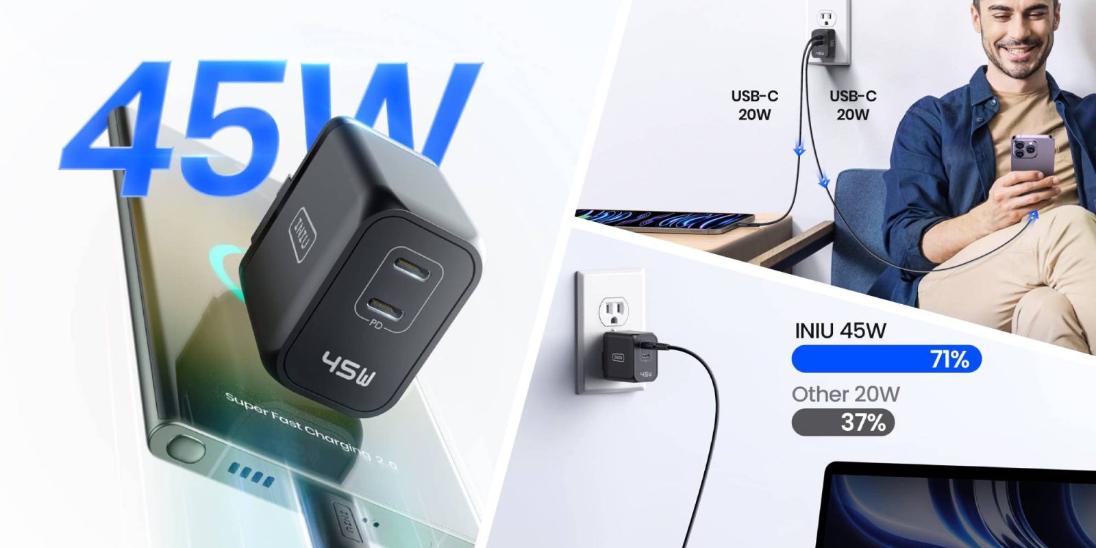 A collage of a black cube with a cord attached to it