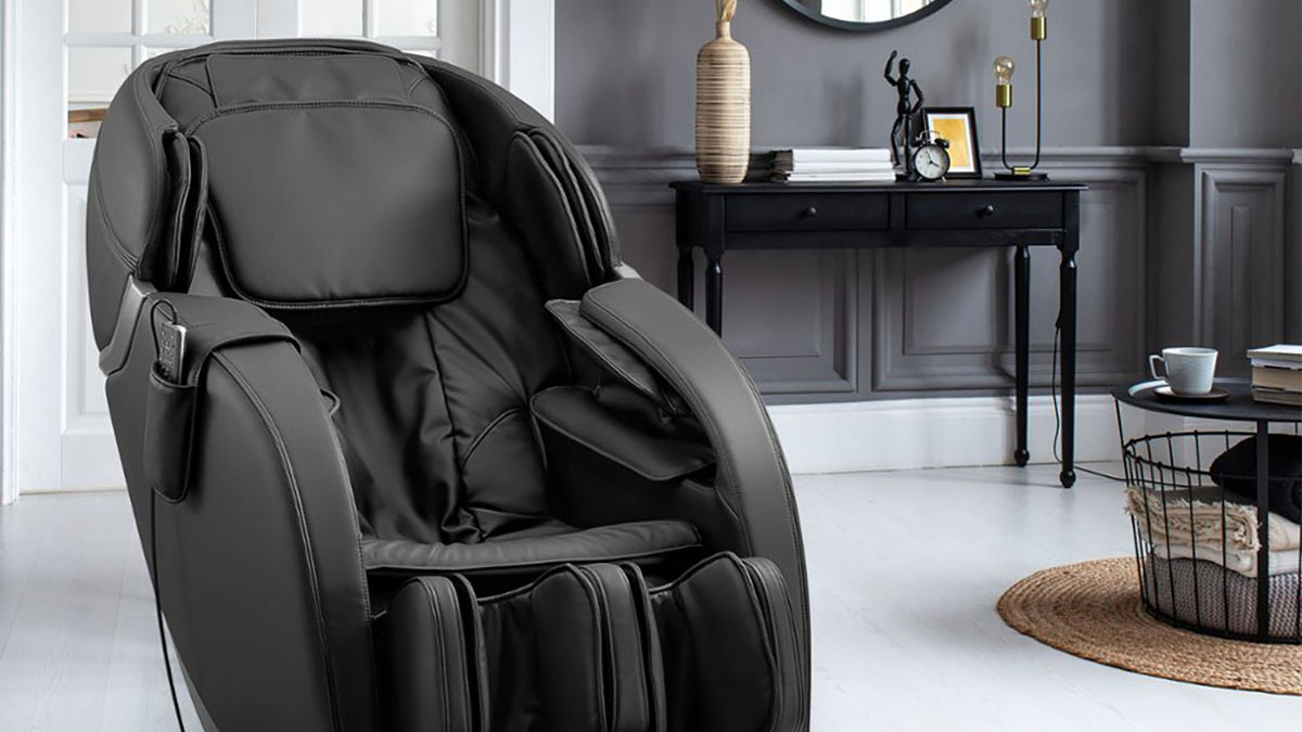 A black reclining chair in a room