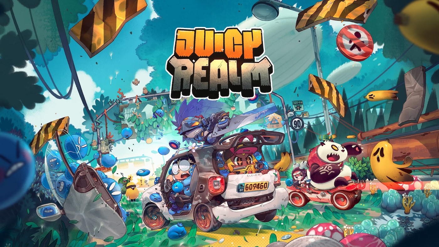 A video game screen with cartoon characters driving in a car