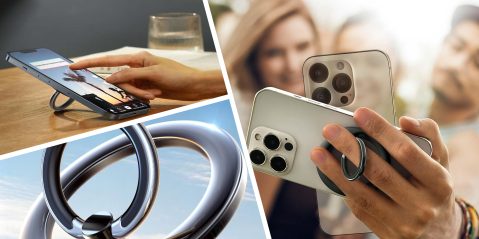 A collage of hands holding a cell phone