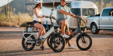 A man and woman on bicycles