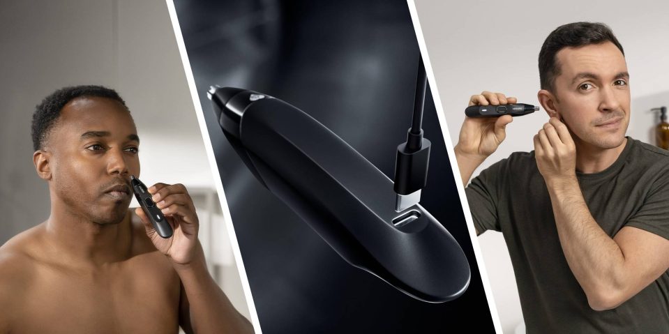 A collage of a man holding a device