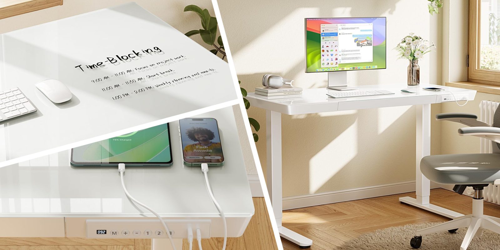 A collage of a desk with a computer and a phone