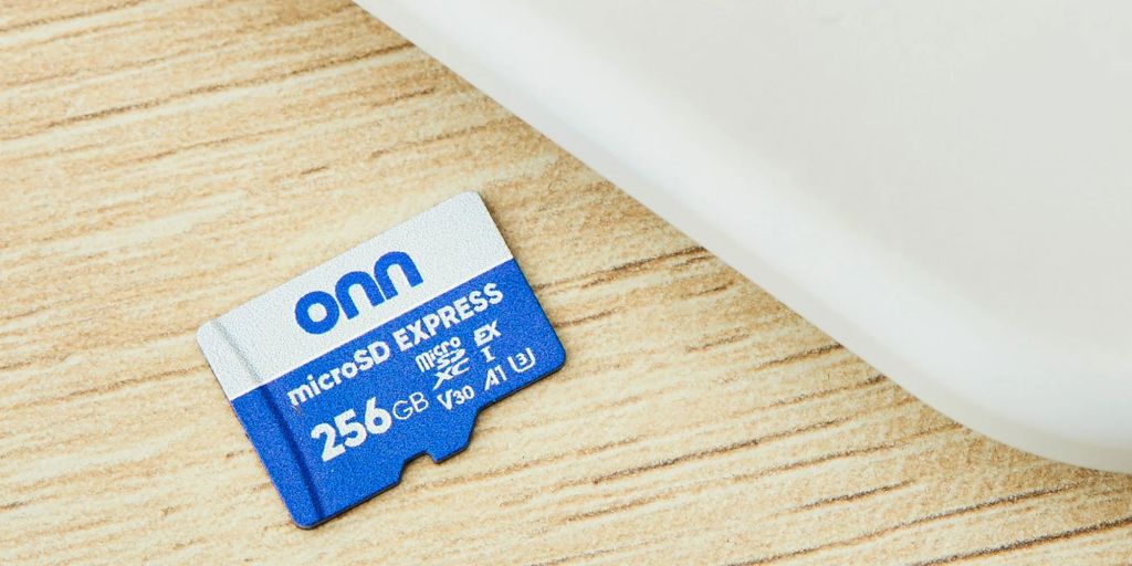Image showing Onn's Express microSD card on a desk.