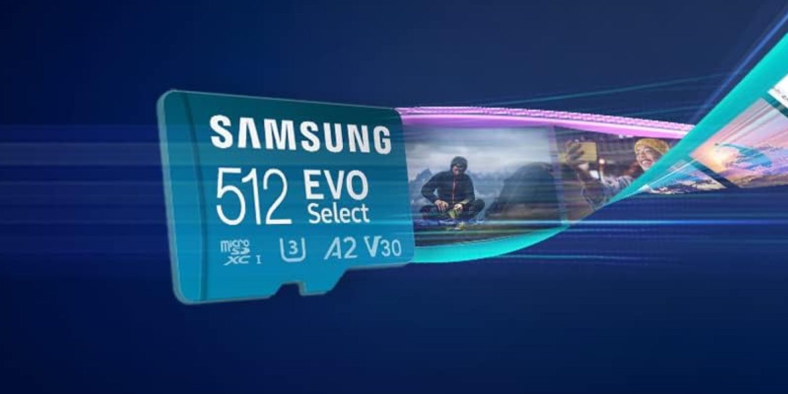 Image showing a render of Samsung's EVO Select 512GB microSD card.