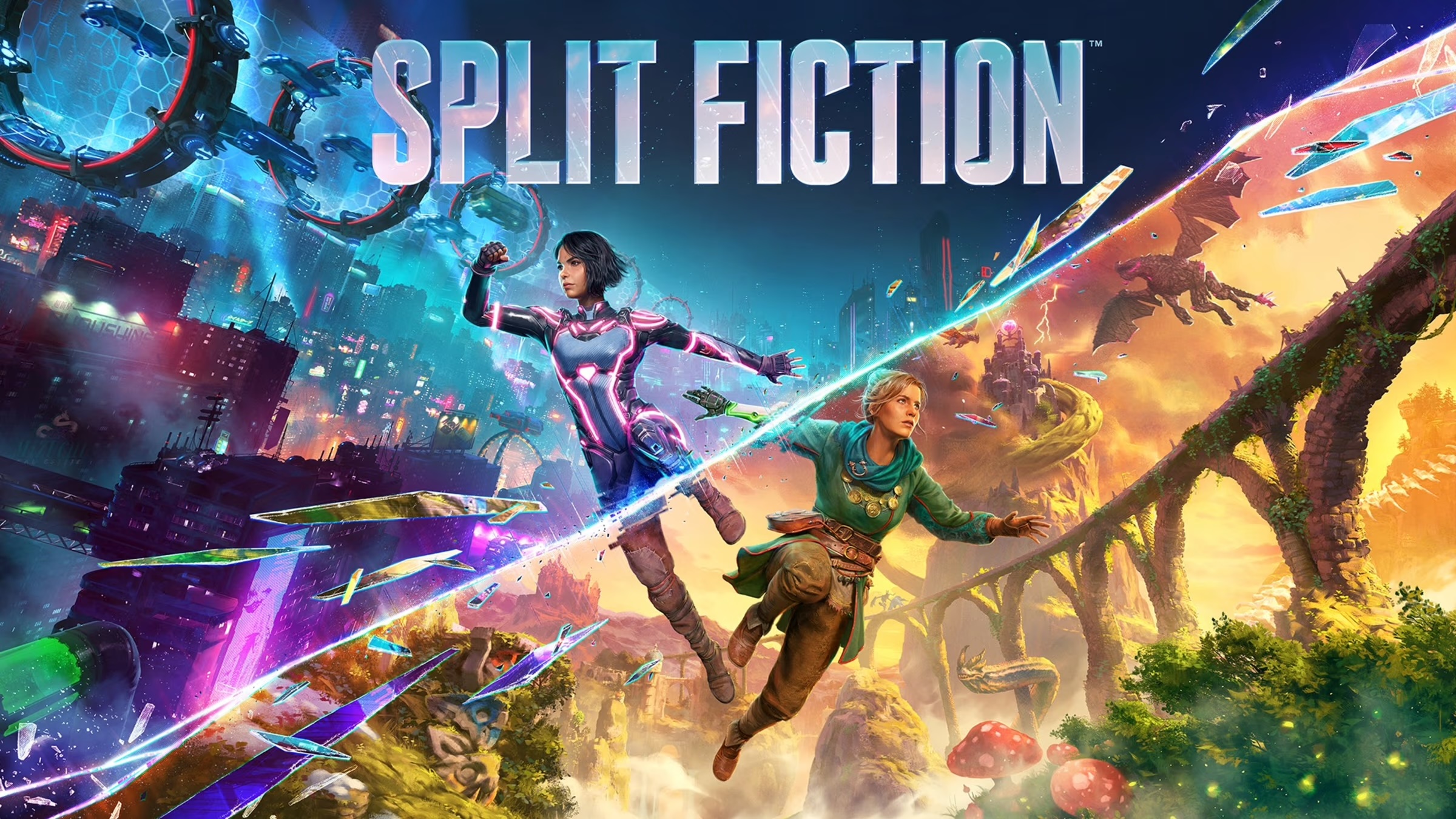 A video game cover with a couple of people flying in the air