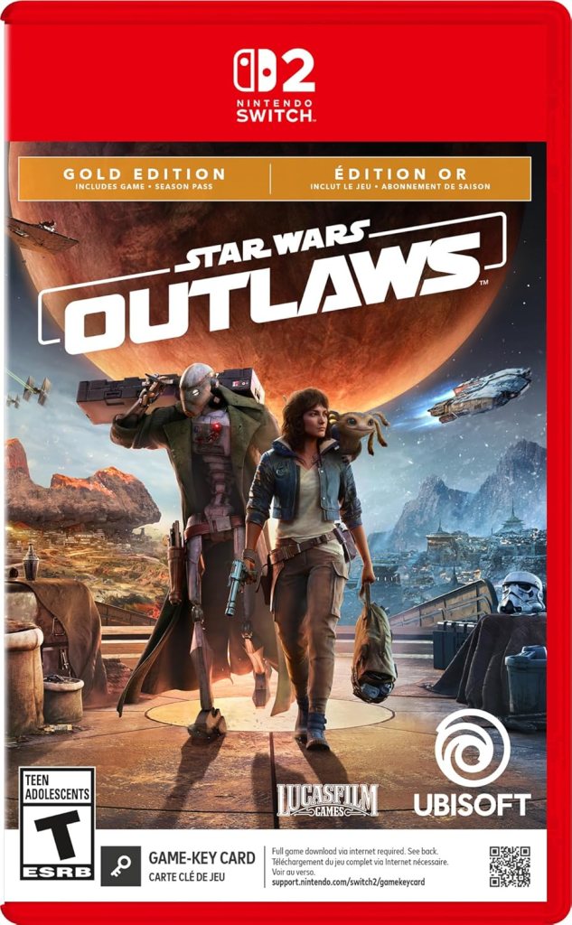 A video game cover with two people walking on a platform